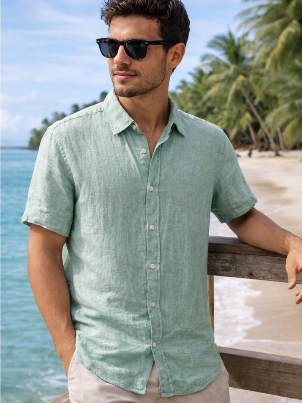 United Colors Of Benetton 100% Linen light blue/green Button down shirt
